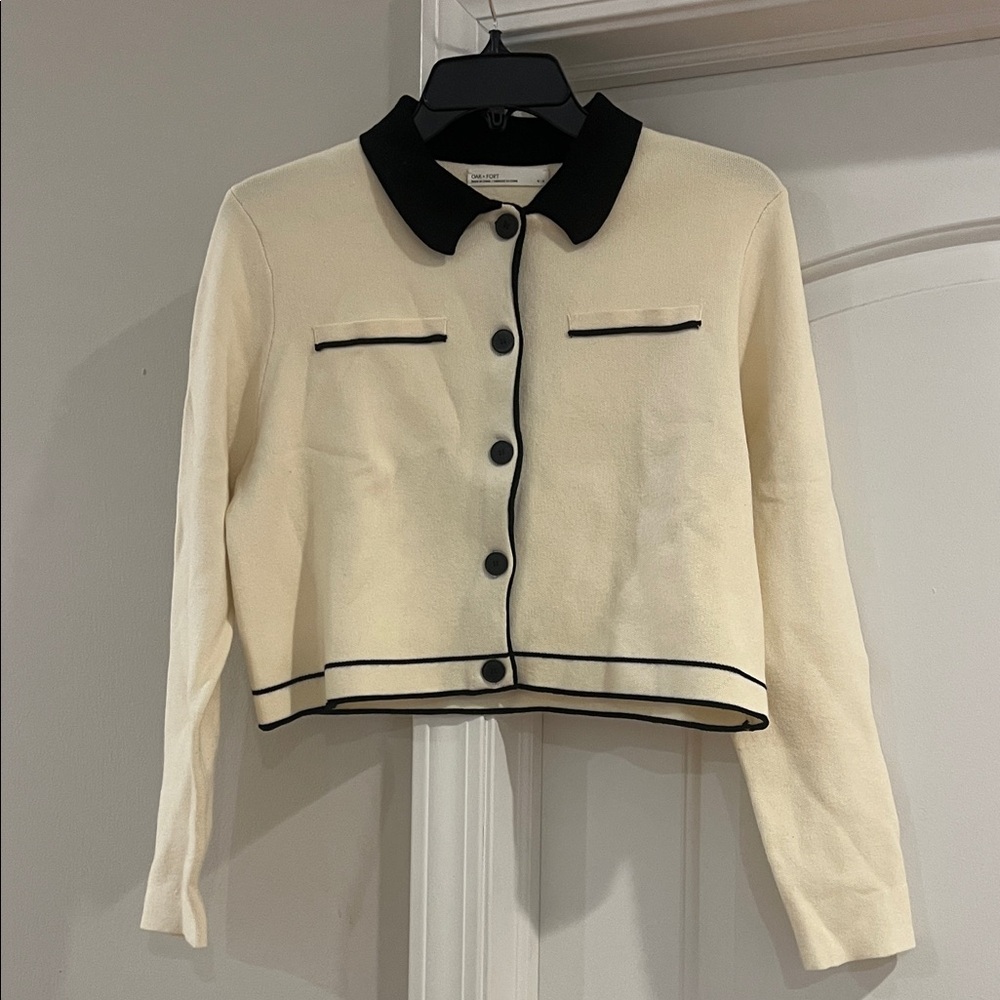 OAK + FORT Cream and Black Trim Cardigan